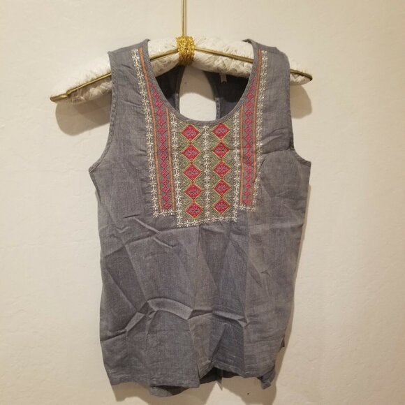 MK Womens Sleeveless Denim Embroidered Top Keyhole Back Blue Small Cotton - Picture 1 of 8
